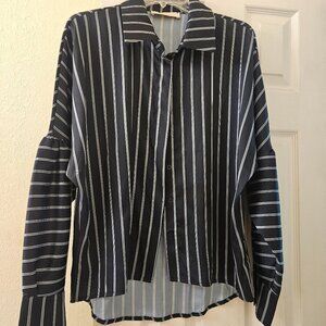 Cirque Black Pinstripe silky Button dress shirt Officewear Cool Bat Sleeve M